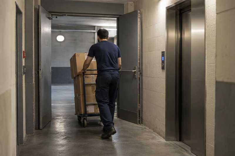 Cartons sortis du hall vers le parking : chantier Rue Ambroise Paré