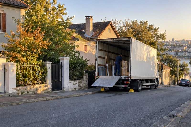 Camion calé devant un portail : chantier Rue André Bretagne