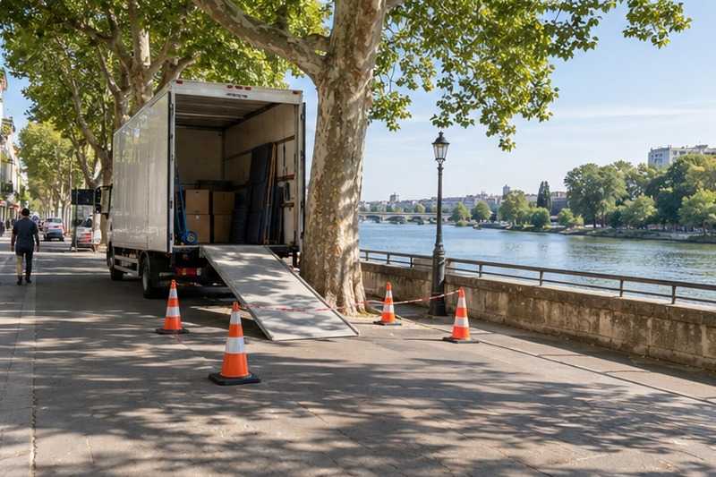 Camion sous les platanes du quai : chantier Rue Beauséjour