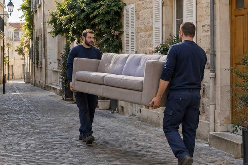 Canapé porté dans une ruelle piétonne