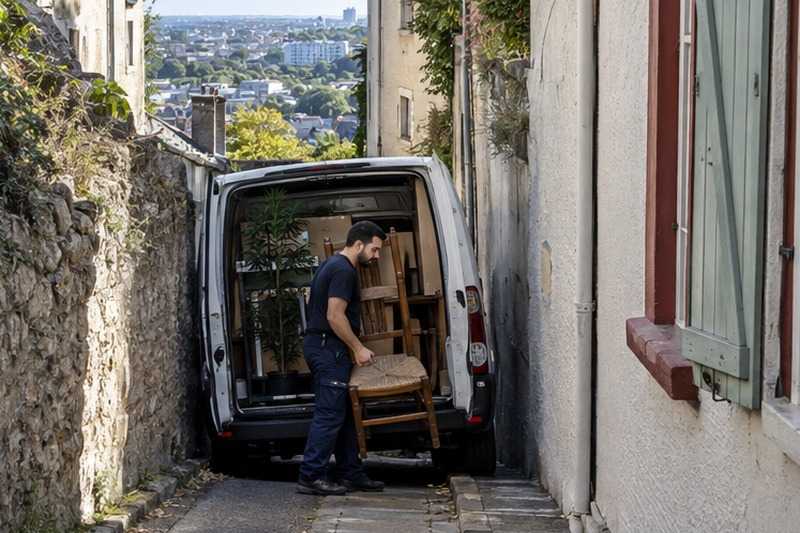 Utilitaire dans une ruelle de vieux bourg : chantier Rue Charles Marinier
