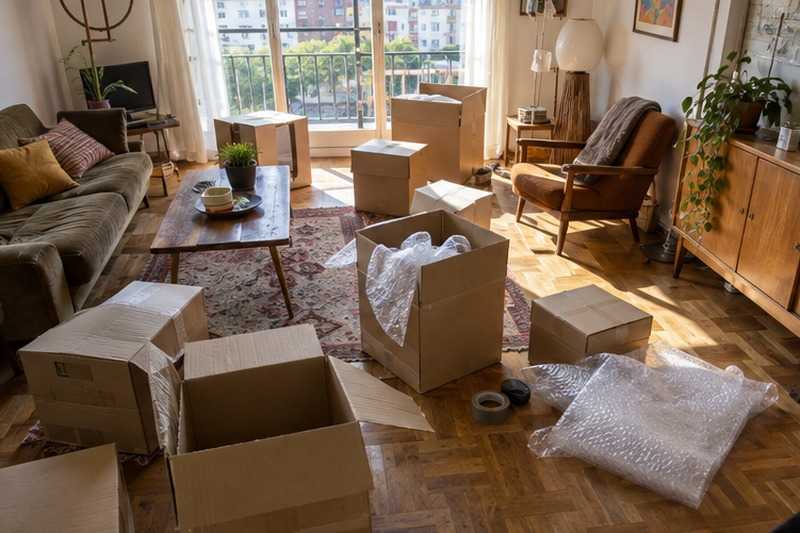 Cartons montés au milieu du salon