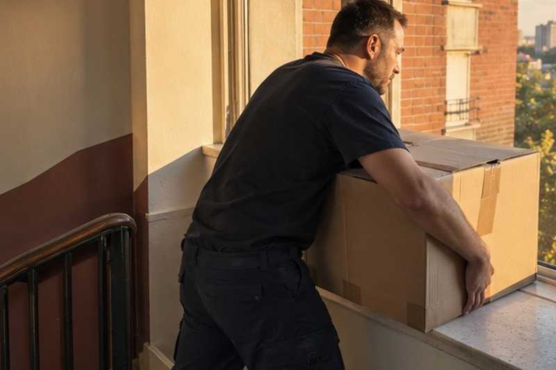 Pause sur le palier avant le dernier étage : chantier Rue Ampère
