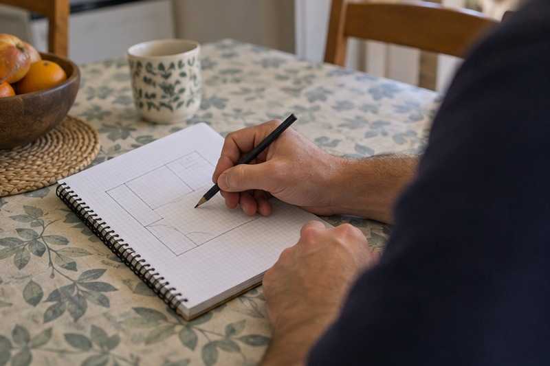Croquis des pièces dans un carnet