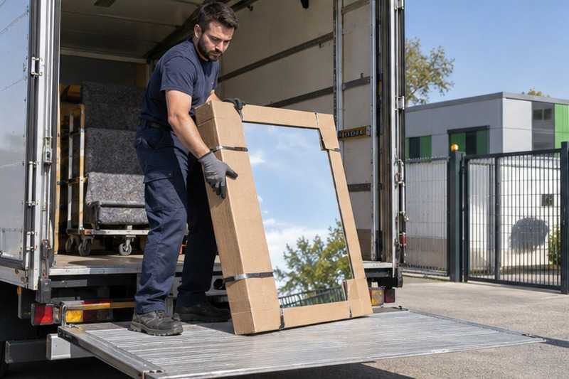 Miroir descendu au hayon devant l’entrepôt : chantier Rue Alphonse Lubin