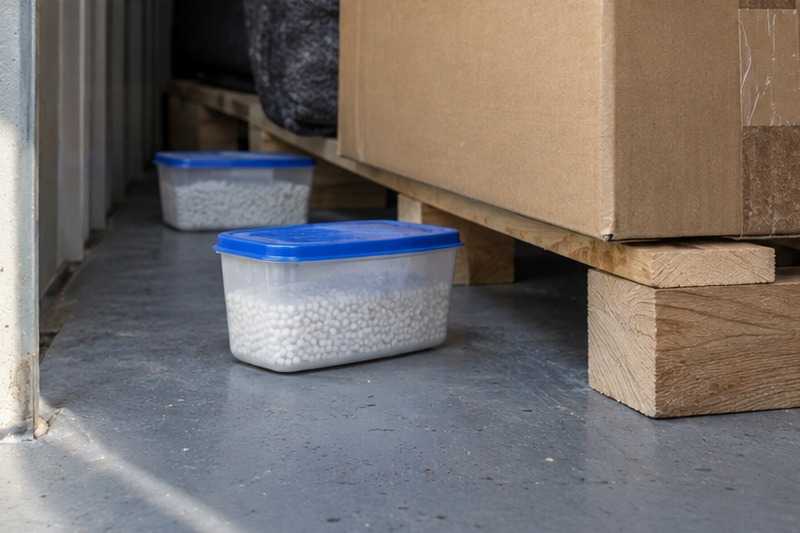 Absorbeurs d’humidité au pied des cartons : chantier Rue Babeuf
