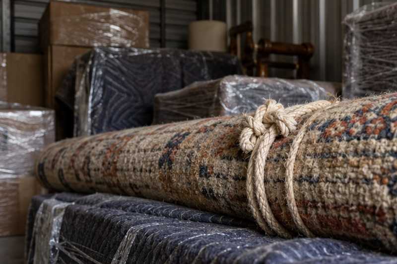 Tapis roulé sur les meubles stockés : chantier Rue Blanche