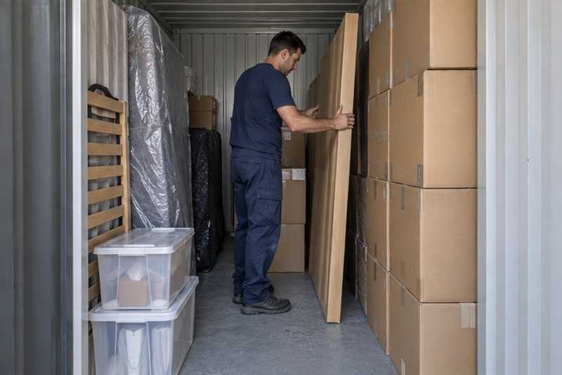 Panneau d’armoire glissé entre les cartons : chantier Avenue Albert Camus