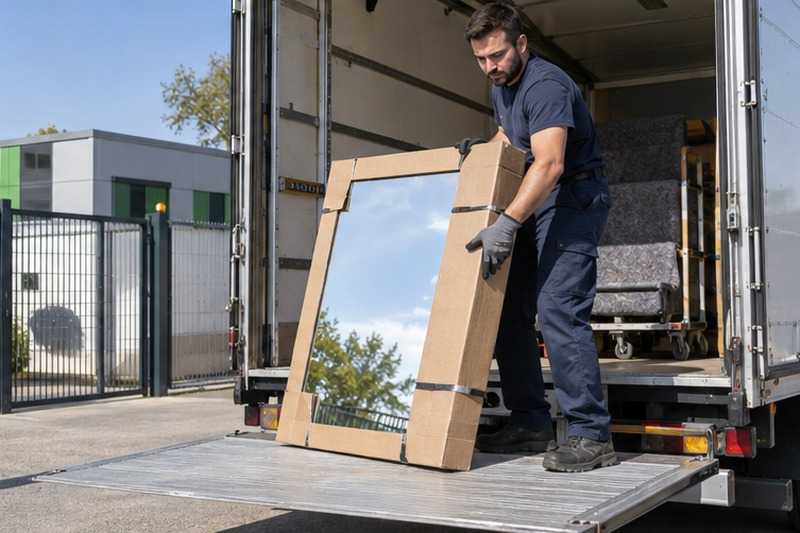 Miroir descendu au hayon devant l’entrepôt : chantier Rue de Neuville