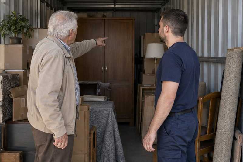 Client montrant un meuble dans son box : chantier Livraison après stockage
