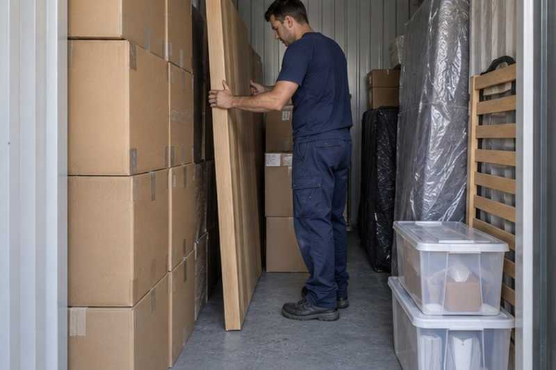 Panneau d’armoire glissé entre les cartons, Créteil
