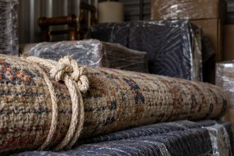 Tapis roulé sur les meubles stockés : chantier Rue de la Goupiliere