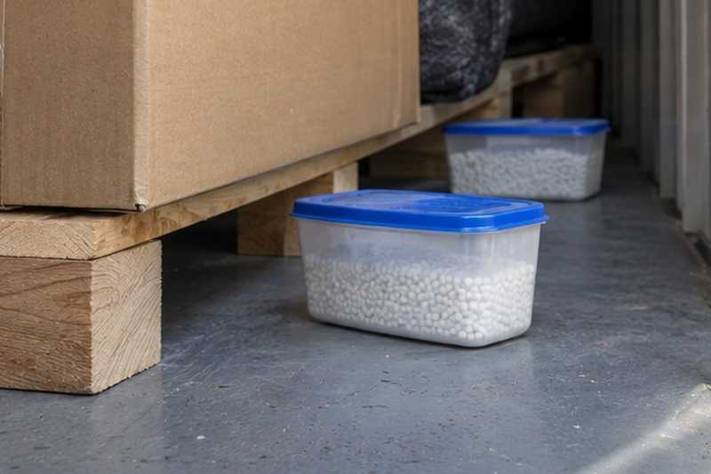 Absorbeurs d’humidité au pied des cartons : chantier Rue Aimé et Eugénie Cotton