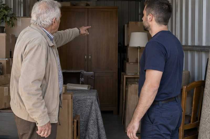 Client montrant un meuble dans son box : chantier Rue Alfred de Musset