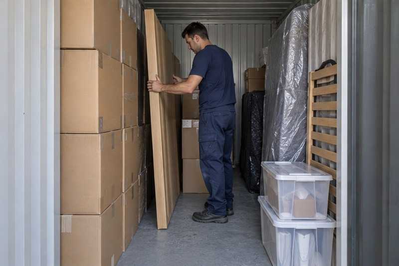 Panneau d’armoire glissé entre les cartons : chantier Rue Anatole France