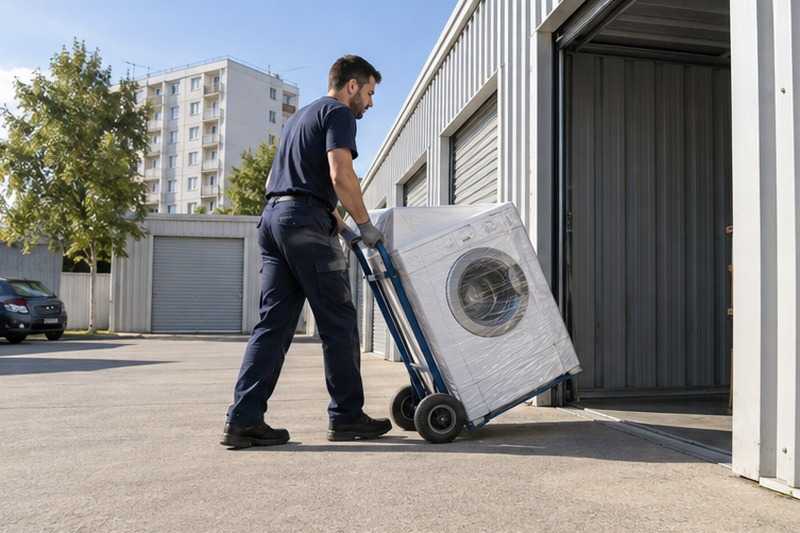 Lave-linge roulé vers le box : chantier Rue André Laurent
