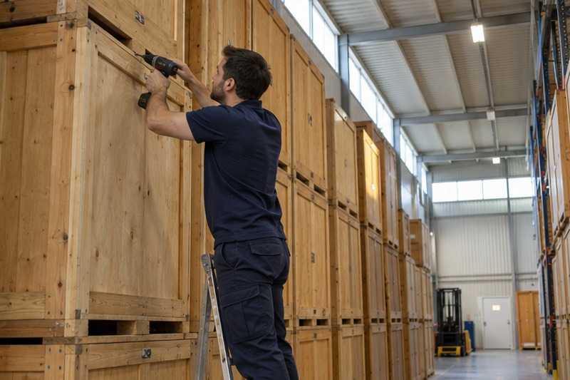 Caisses de garde-meuble en bois empilées : chantier Rue Alexis Chaussinand