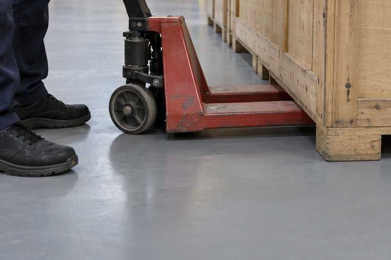 Transpalette glissé sous une caisse