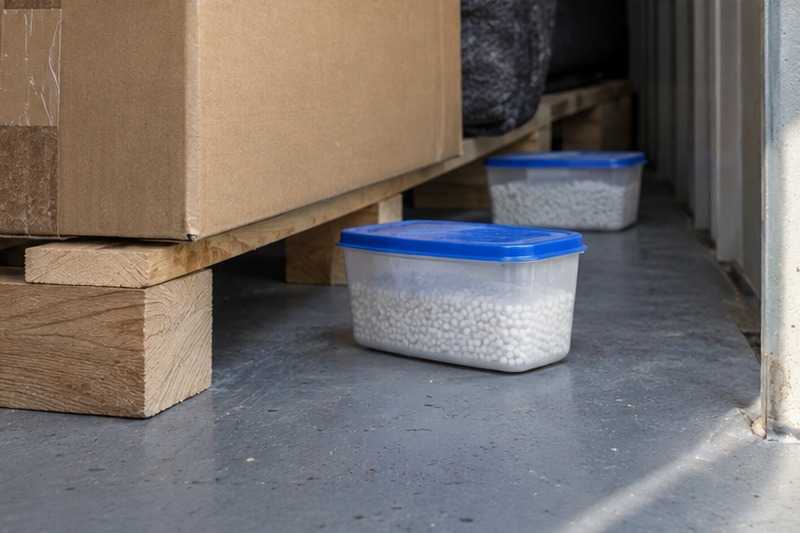 Absorbeurs d’humidité au pied des cartons : chantier Rue Alfred de Musset