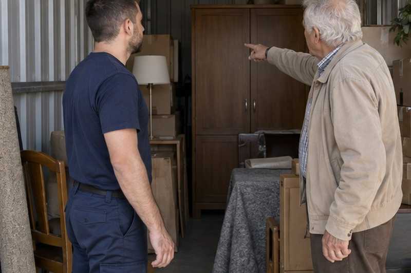Client montrant un meuble dans son box, Saint-Maur-des-Fossés