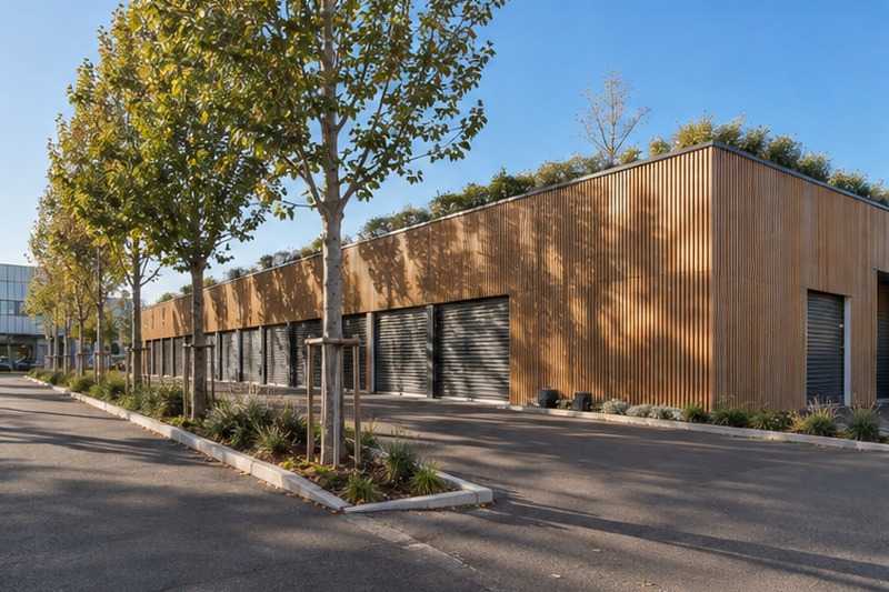 Entrepôt à façade bois en zone d’activités : chantier Rue Blanche Festeau