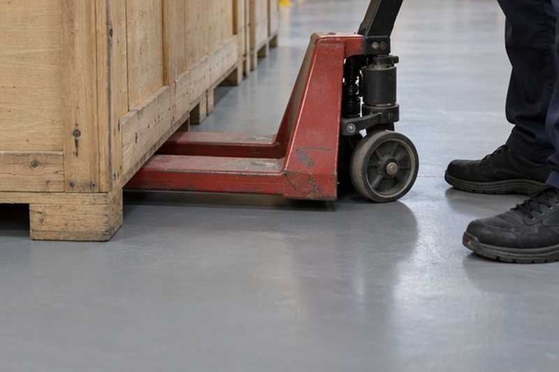 Transpalette glissé sous une caisse : chantier Rue Chèvre d’Autreville
