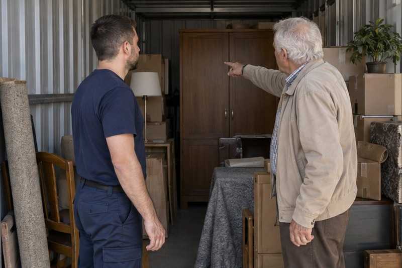 Client montrant un meuble dans son box : chantier Rue Alexandre Dumas