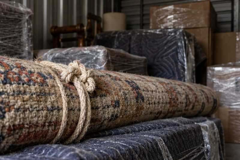 Tapis roulé sur les meubles stockés : chantier Rue Alfred de Musset