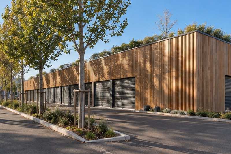 Entrepôt à façade bois en zone d’activités : chantier Rue Ambroise Croizat