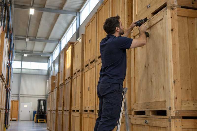 Caisses de garde-meuble en bois empilées : chantier Rue Anatole France