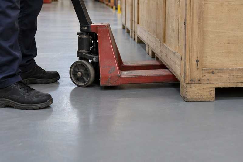Transpalette glissé sous une caisse : chantier Rue Albert Thomas