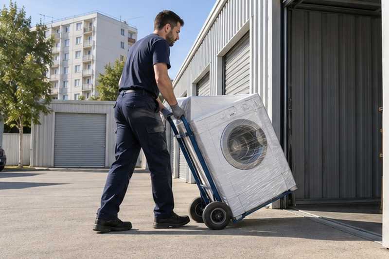 Lave-linge roulé vers le box : chantier Rue Amélie