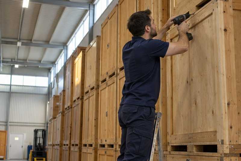 Caisses de garde-meuble en bois empilées : chantier Rue Alexis Quirin