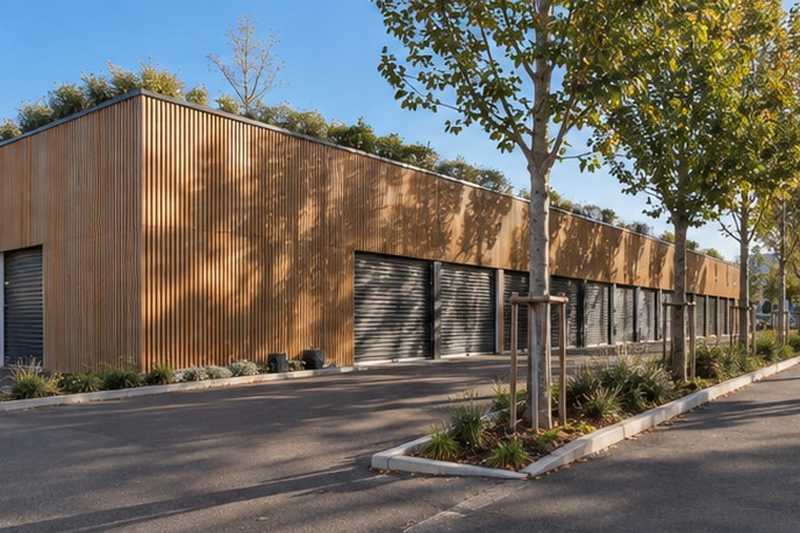 Entrepôt à façade bois en zone d’activités