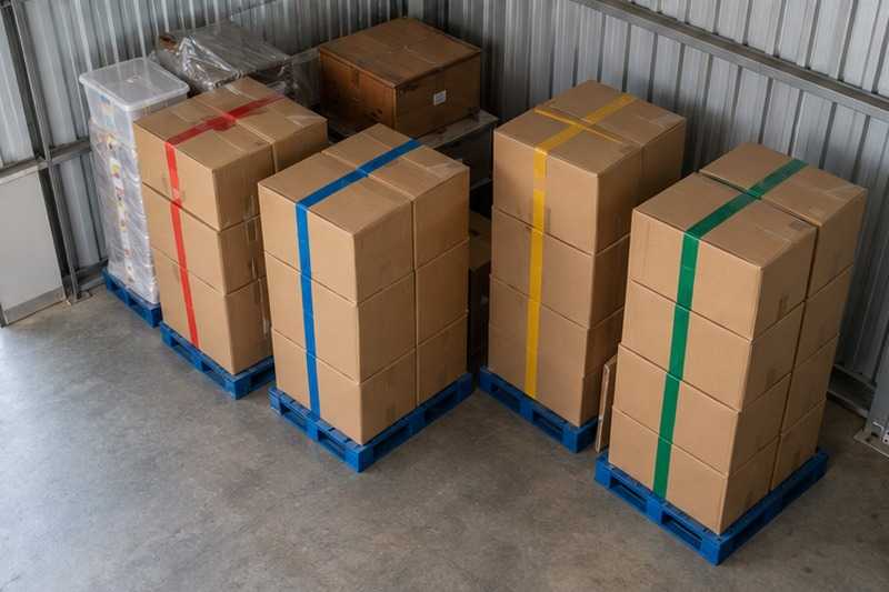 Cartons sur palettes repérés par couleur : chantier Rue Anatole France