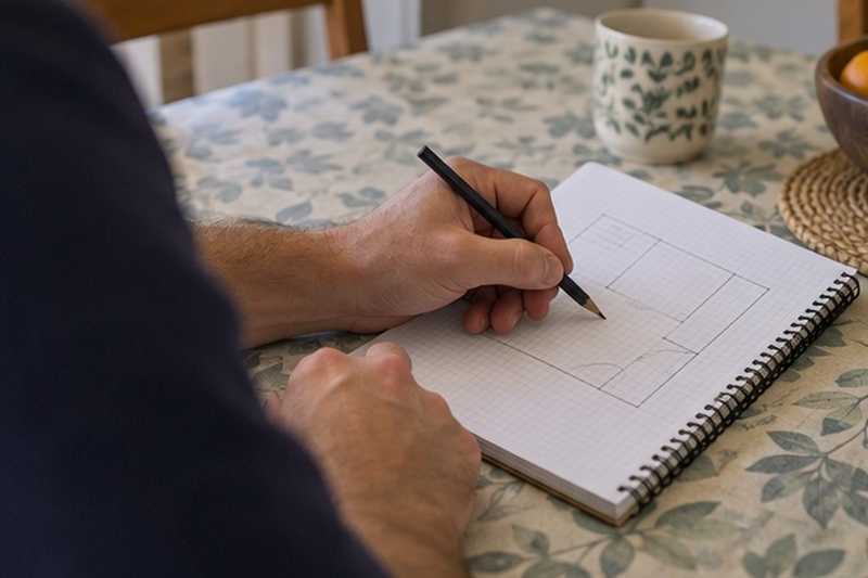 Croquis des pièces dans un carnet