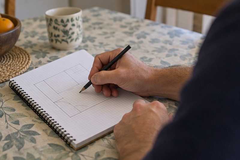 Croquis des pièces dans un carnet