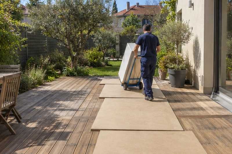 Panneaux sur la terrasse en bois