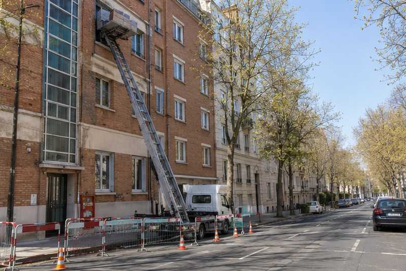 Échelle le long d’un immeuble d’avenue : chantier Rue Alphonse Lubin