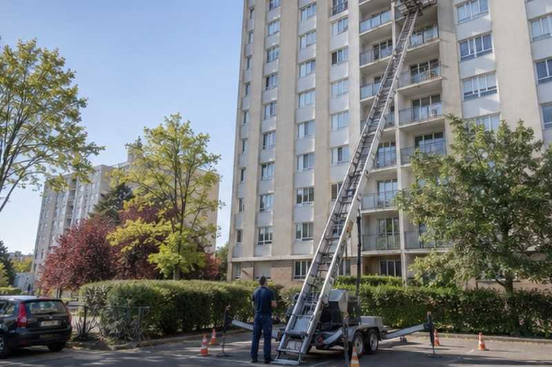 Monte-meubles sur remorque au pied d’une tour : chantier Rue Anatole France