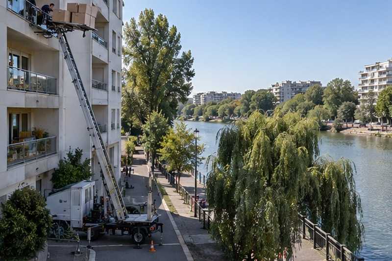 Monte-meubles face aux bords de Marne : chantier Rue André Soladier
