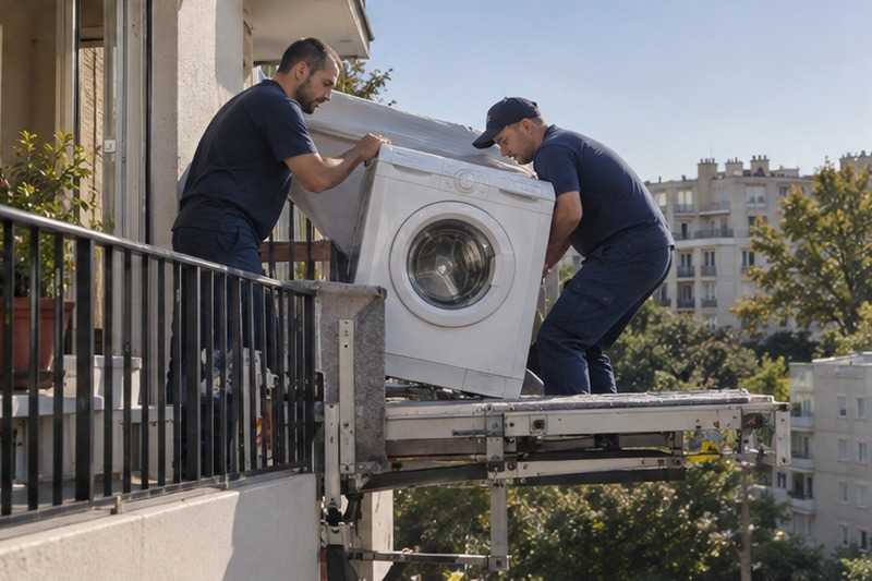 Lave-linge passé par-dessus la rambarde : chantier Rue Babeuf