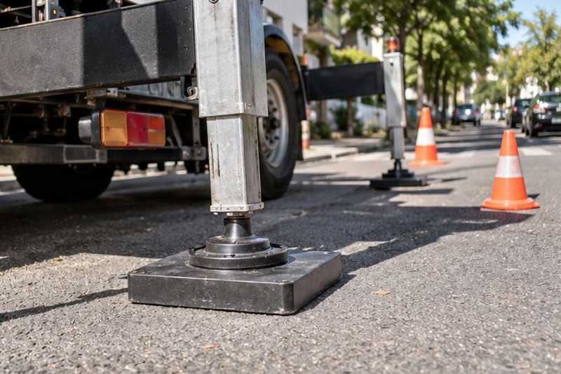 Stabilisateurs posés sur l’enrobé : chantier Rue de Neuville