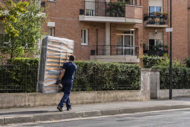 Sommier filmé le long des balcons : chantier Rue de Patay