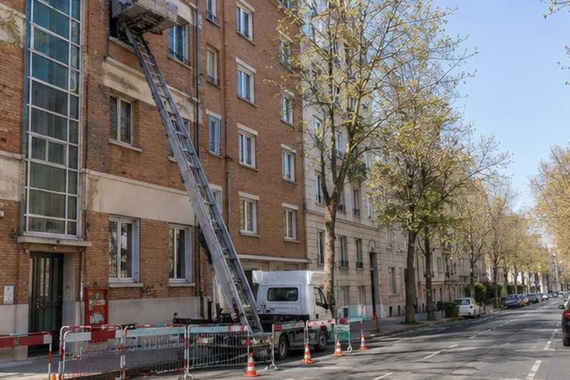 Échelle le long d’un immeuble d’avenue : chantier Rue de Pretoria