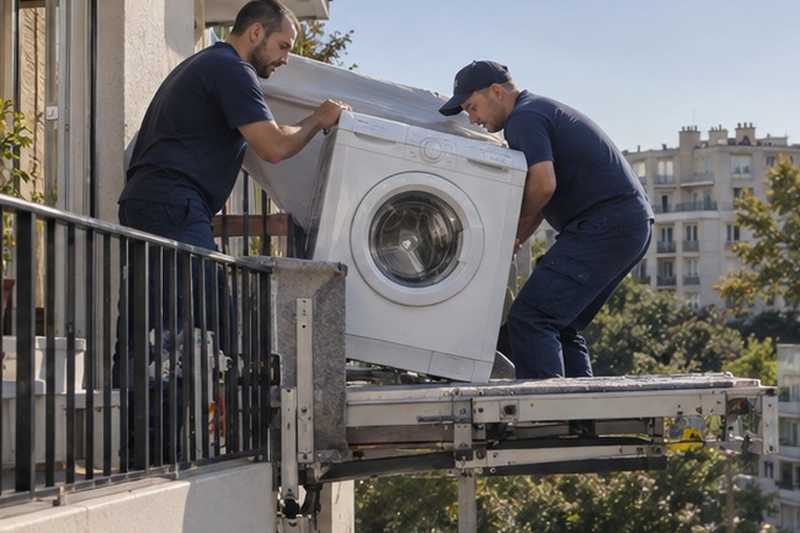 Lave-linge passé par-dessus la rambarde : chantier Rue de Savoie