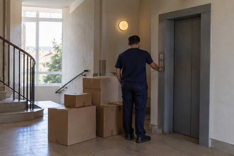 Cartons en attente sur le palier : chantier Rue Albert 1er