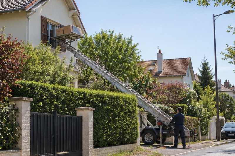 Échelle par-dessus la haie : chantier Rue Alfred Lebidon