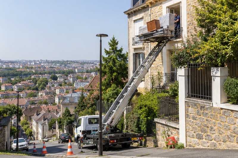Monte-meubles sur une rue à flanc de coteau : chantier Rue Alphonse Brault