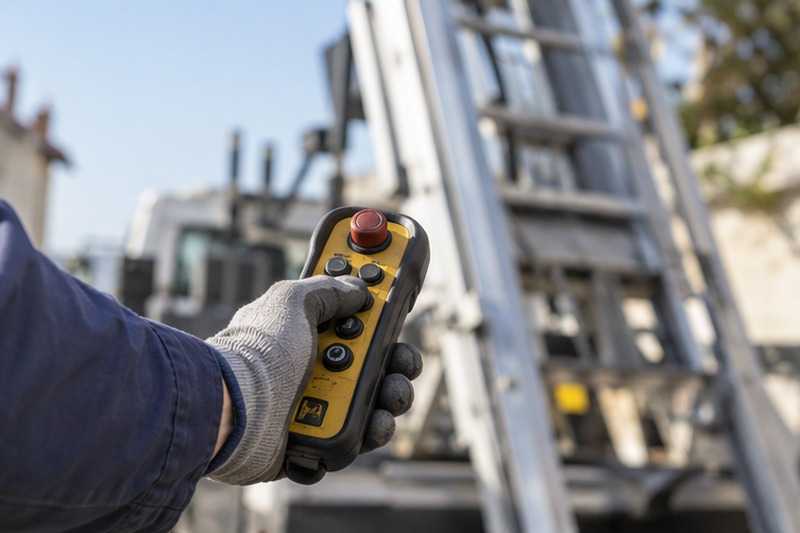Télécommande du monte-meubles en main : chantier Rue Armand Noblet